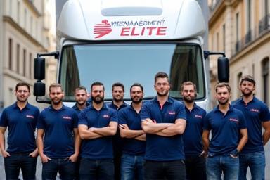Équipe de déménageurs professionnels de Déménagement Élite posant devant leur camion à Lyon.