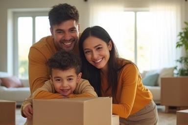 Une famille heureuse déballant les cartons dans une nouvelle maison.